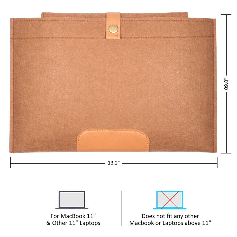 Wool Felt Sleeve Laptop Cover w/Snap-On Button Closure Fits 11" Laptops Brown