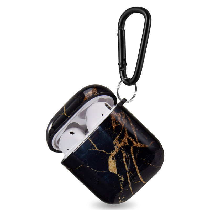 GLOSSY DESIGN LUXURY TPU SOFT CASE FOR AIRPODS WITH CARABINER - BLACK GOLD MARBLE