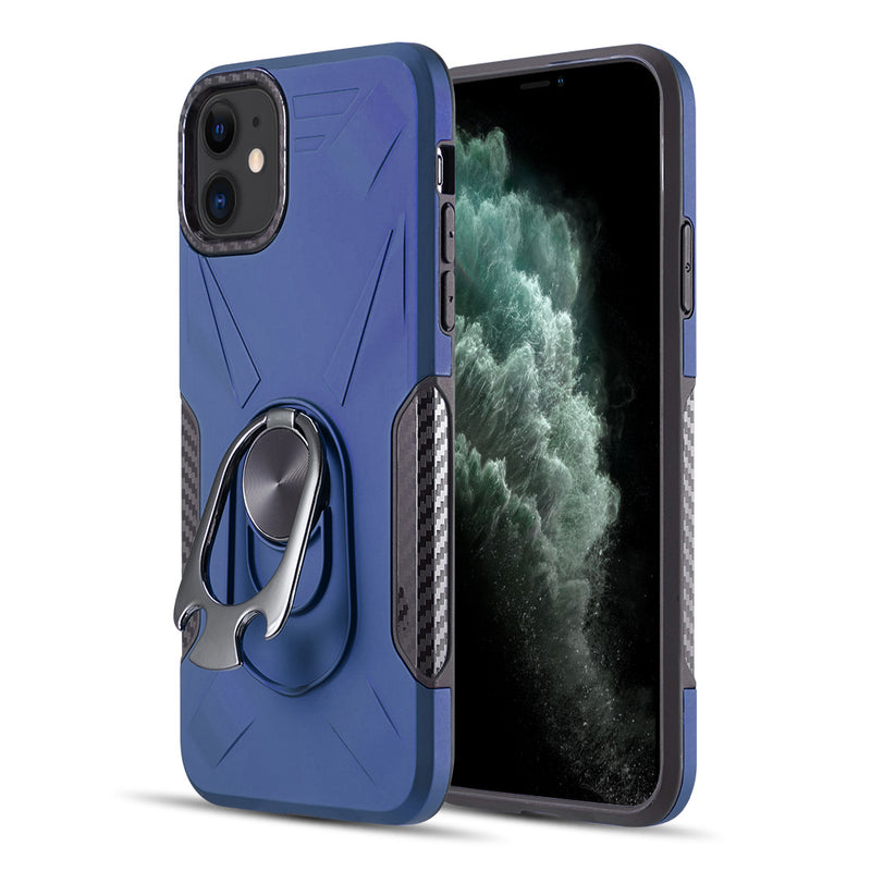 THE ULTIMATE BOTTLE OPENER HYBRID CASE WITH CARBON FIBER DETAILS AND MAGNETIC RING STAND FOR IPHONE 11 - NAVY