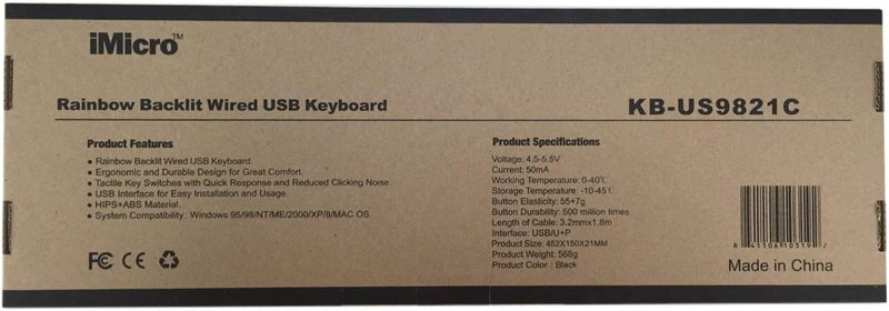 iMicro KB-US9821C Rainbow Backlit Wired USB Keyboard