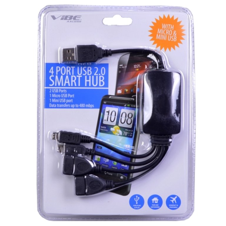 Vibe 4 Port 2.0 USB Smart Hub 480MBPS Data Transfer w/ Mini & Micro USB