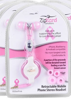 Zipkord Pink Retractable Mobile Phone In-ear Stereo Headset