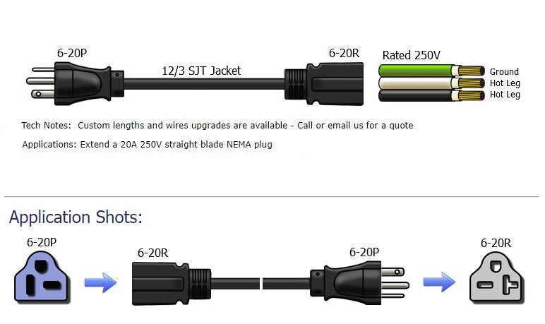 SimplyASP Tech 6-20 Extension Power Cord, 20A, 250V, 12/3 SJT 6FT