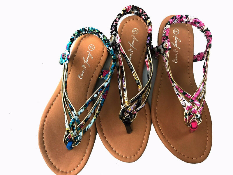 Women's  Fashion Gladiator Thong Flat Sandals Floral Print Colors With Gold