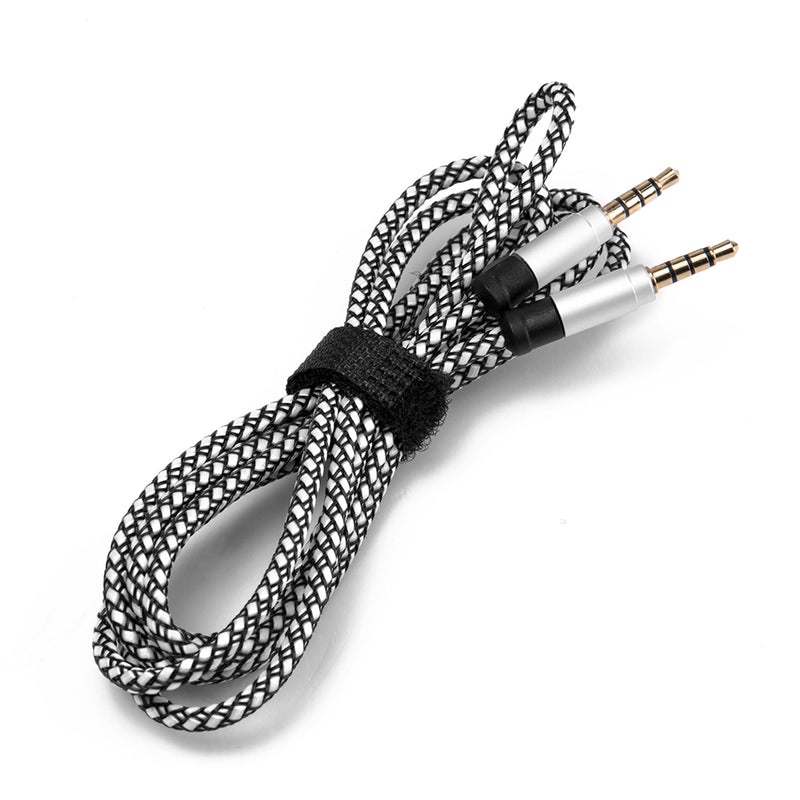 UNIVERSAL 3.5MM MALE-MALE BRAIDED AUDIO CABLE W/ ALUMINUM CONNECTOR- BLACK/WHITE