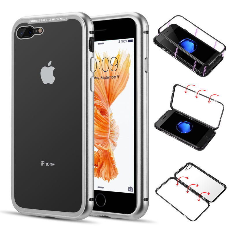 ALUMINUM MAGNETIC INSTANT SNAP CASE WITH TEMPERED GLASS BACK PLATE FOR IPHONE 8 / 7 PLUS - WHITE