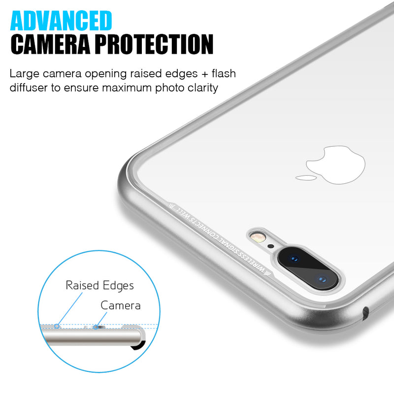 ALUMINUM MAGNETIC SNAP CASE W/TEMPERED GLASS BACKPLATE FOR IPHONE 8/7 PLUS-WHITE