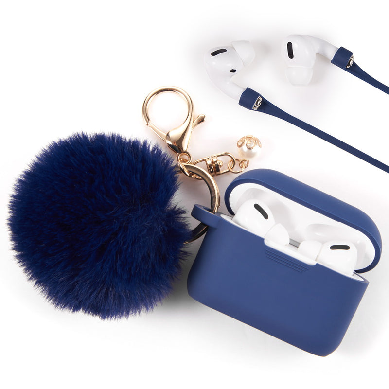 FURBULOUS COLLECTION 3-IN-1 THICK SILICONE TPU CASE WITH FUR BALL ORNAMENT KEY CHAIN AND STRAP AND FOR AIRPODS PRO - MIDNIGHT BLUE