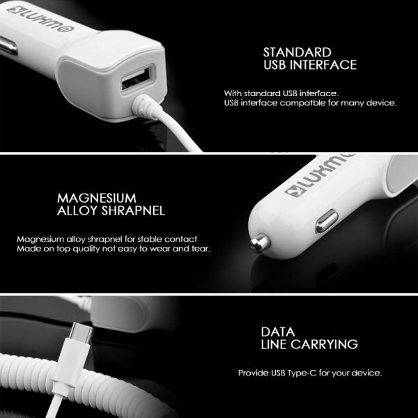 UNIVERSAL 2.1A TYPE C CAR CHARGER W/ ATTACHED CABLE & 1 EXTRA USB CHARGING PORT
