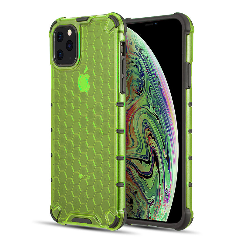 HONEYCOMB CRYSTAL CLEAR TINTED SHOCK ABSORPTION BUMPER SLIM FIT + HEAVY DUTY PROTECTIVE TPU CASE FOR IPHONE 11 PRO - LIME GREEN