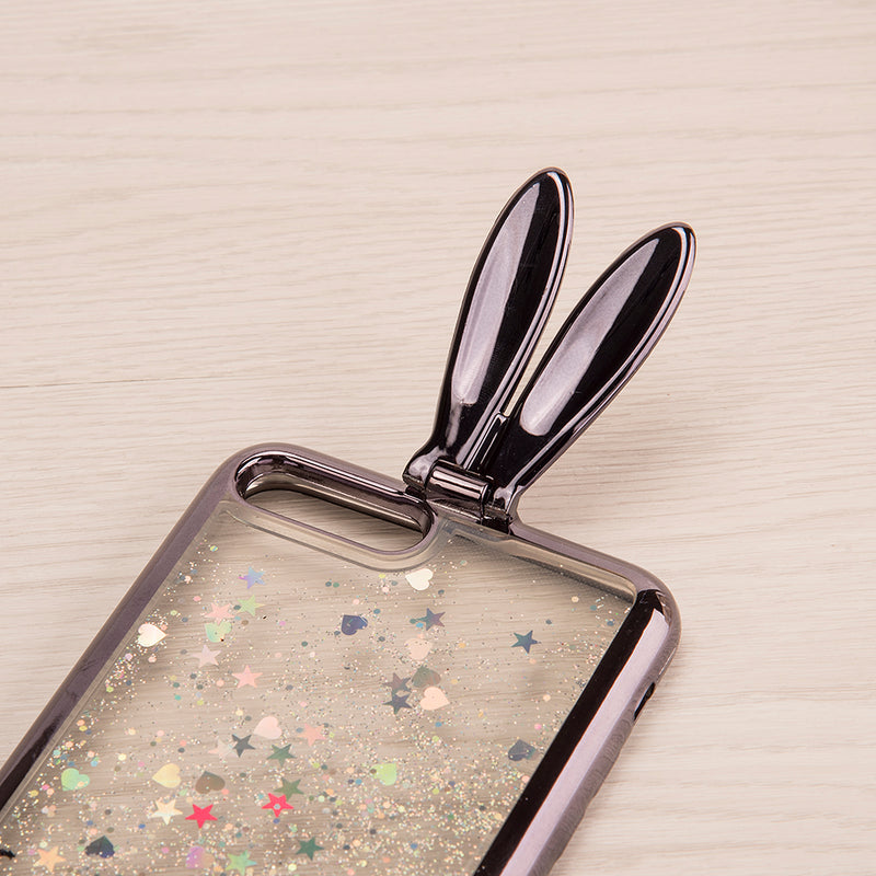 IPHONE 7 BUNNY WATERFALL LIQUID SPARKLING QUICKSAND  CASE WITH EAR STAND BLACK