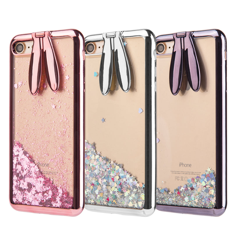 IPHONE 7 BUNNY WATERFALL LIQUID SPARKLING QUICKSAND  CASE WITH EAR STAND BLACK