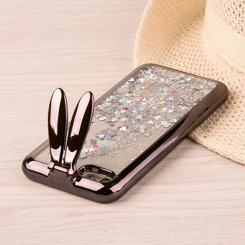 IPHONE 7 BUNNY WATERFALL LIQUID SPARKLING QUICKSAND  CASE WITH EAR STAND BLACK