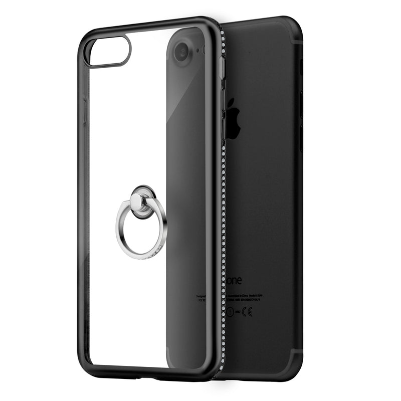 IPHONE 7 DIAMOND JEWEL TRANSPARENT TPU RING CASE WITH CHROME BLING FRAME BLACK