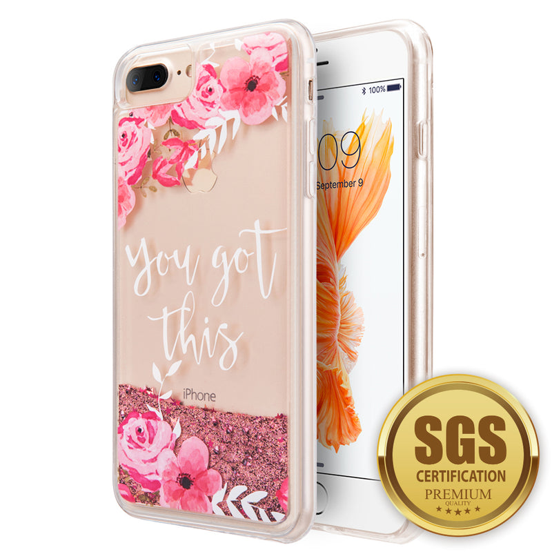FOR IPHONE 8 / 7 / 6S / 6 PLUS WATERFALL LIQUID SPARKLING QUICKSAND TPU CASE - PINK FLOWER