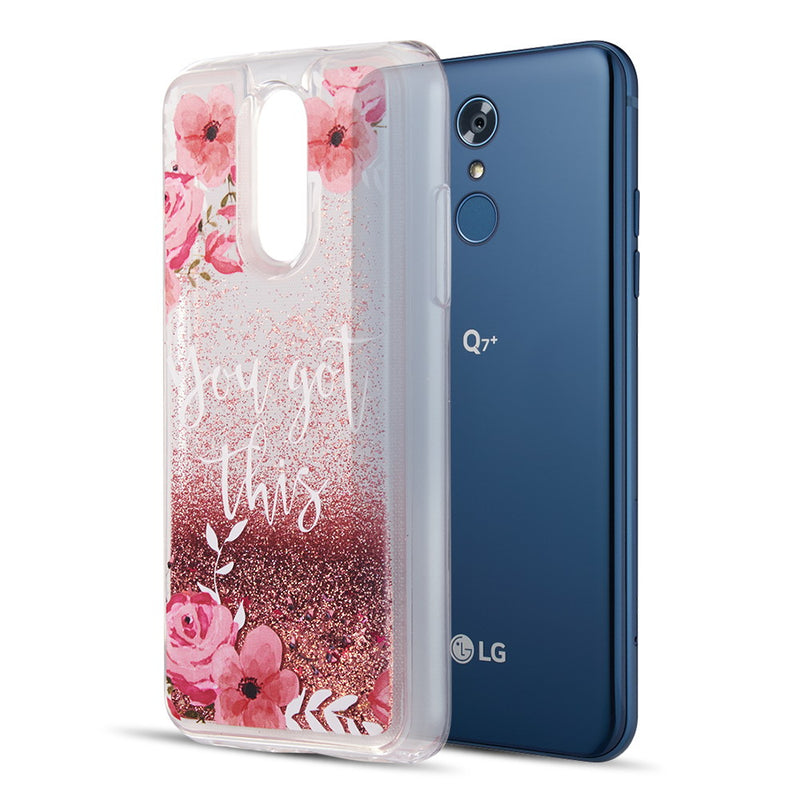 LG Q7 / LG Q7+ WATERFALL LIQUID SPARKLING QUICKSAND TPU CASE - PINK FLOWER