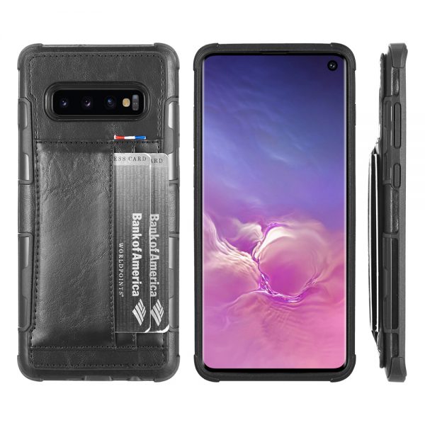 STYLISH LEATHER PROTECTIVE DUAL CARD WALLET CASE FOR SAMSUNG GALAXY S10 - BLACK