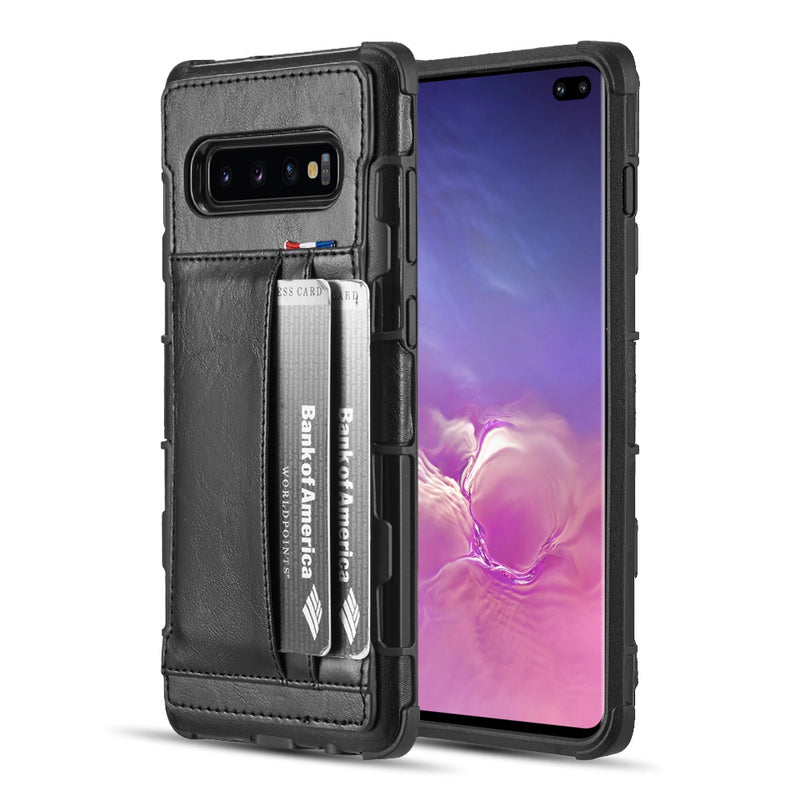 STYLISH LEATHER PROTECTIVE DUAL CARD WALLET CASE FOR SAMSUNG GALAXY S10 PLUS - BLACK