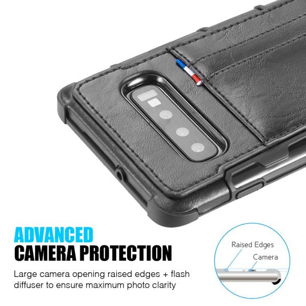 LEATHER PROTECTIVE DUAL CARD WALLET CASE FOR SAMSUNG GALAXY S10 PLUS - BLACK