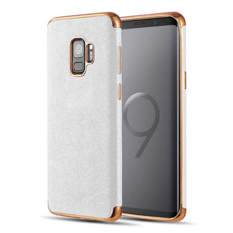 SAMSUNG GALAXY S9 SAFFIANO LUXRY TPU CASE WITH ELECTROPLATED FRAME AND BUTTONS - WHITE