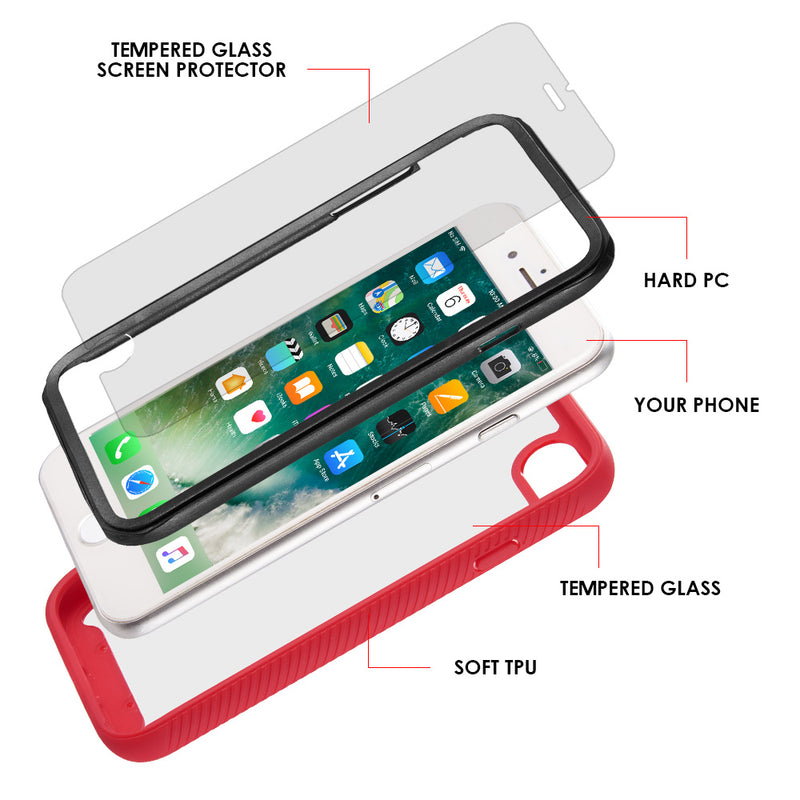IPHONE 8/7/6 PLUS CLEAR RUGGED TPU BUMPER (TEMPERED GLASS   INCLUDED) - RED