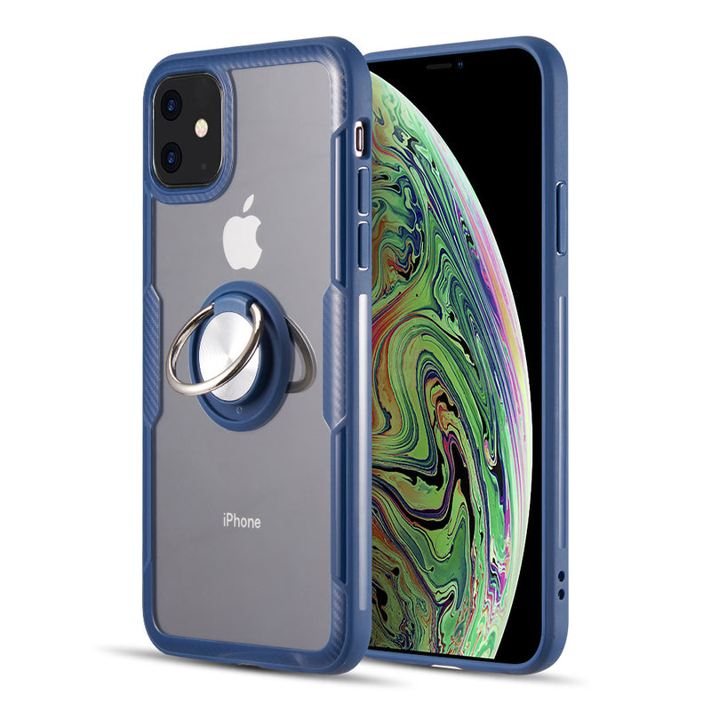 ROBOTECH FUSION CANDY CARBON FIBER FRAME TPU CASE WITH ACRYLIC BACK PLATE AND ATTACHED MAGNET RING STAND FOR IPHONE 11 - NAVY BLUE