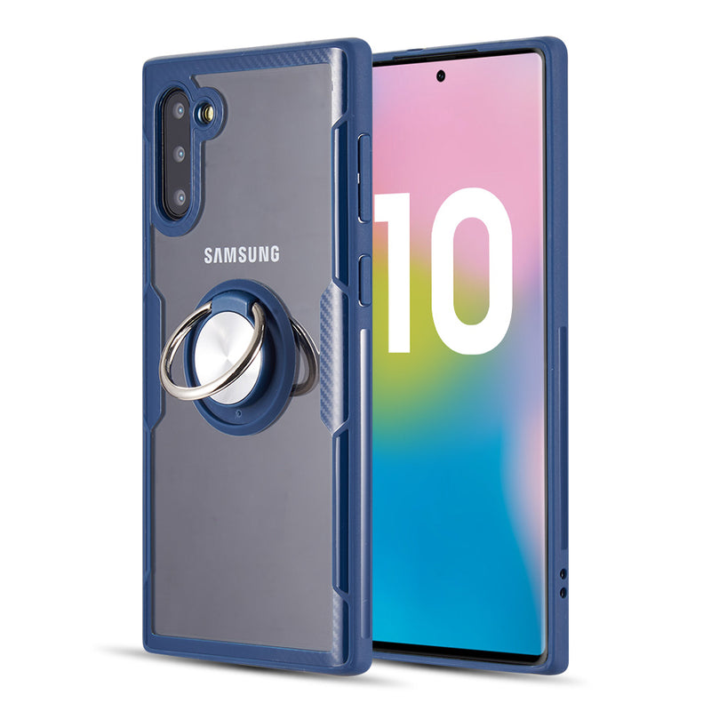 SAMSUNG GALAXY NOTE 10 ROBOTECH FUSION CANDY CARBON FIBER FRAME TPU CASE WITH ACRYLIC BACK PLATE AND ATTACHED MAGNET RING STAND - NAVY BLUE