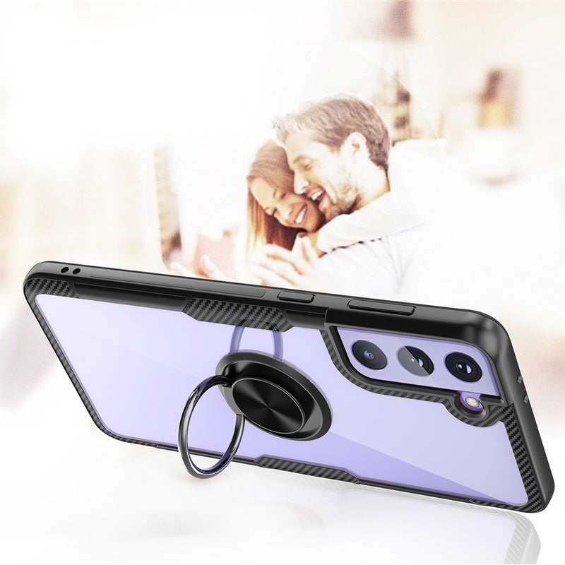 SAMSUNG GALAXY S21+ CARBON FIBER FRAME CASE W/ MAGNET RING STAND BLACK