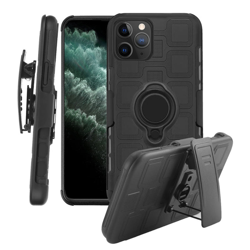 CUBE RUGGED BELT CLIP HOLSTER COMBO CASE WITH MAGNETIC ROTATABLE RING STAND FOR IPHONE 11 PRO - BLACK