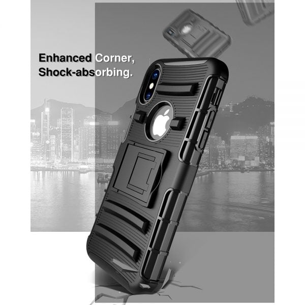 IPHONE XS / X HYBRID CASE BLACK SKIN + BLACK PC WITH H STYLE STAND