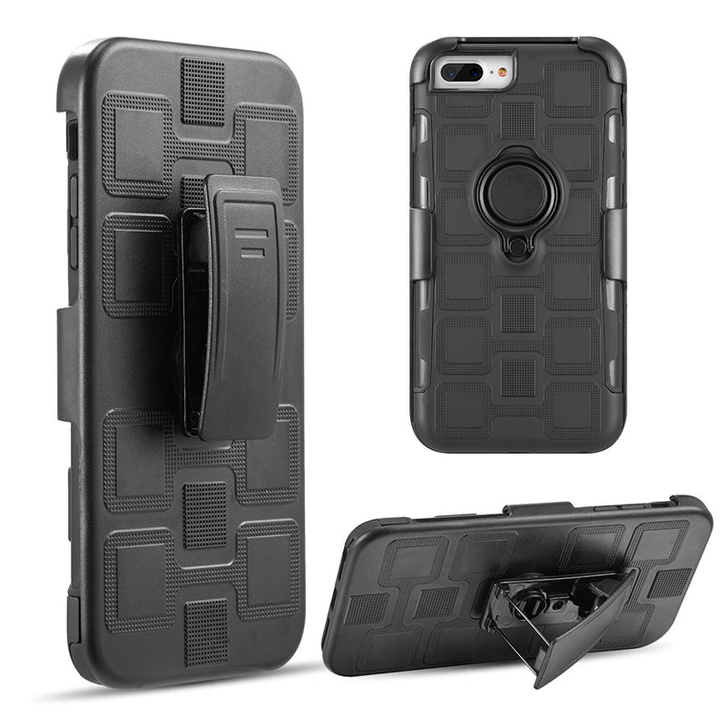 IPHONE 8/7/6 PLUS CUBE RUGGED BELT CLIP CASE W/ RING STAND - BLACK