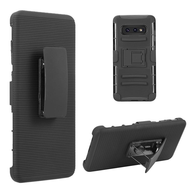 SAMSUNG GALAXY S10E HYBRID CASE BLACK SKIN + BLACK PC WITH H STYLE STAND