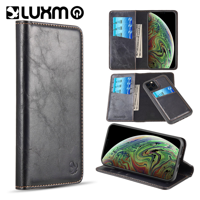 LUXURY GENTLEMAN 2ND GENERATION DETACHABLE MAGNETIC FLIP LEATHER WALLET CASE W/ TRIO CARD SLOTS FOR IPHONE 11 PRO - BLACK