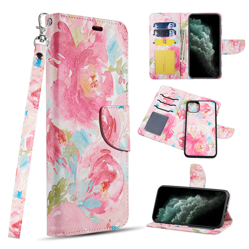 THE TRNDY COLLECTION LEATHER FLIP WALLET WITH DETACHABLE CASEAND MULTI-CARD SLOTS FOR IPHONE 11 - WATERCOLOR FLORAL