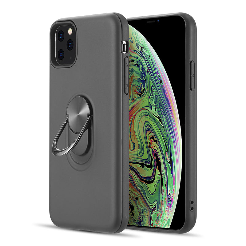 RUBBERIZED ANTI-SLIPPERY HYBRID PROTECTIVE CASE WITH BUILT-IN METAL ROTATABLE RING STAND FOR IPHONE 11 PRO - BLACK