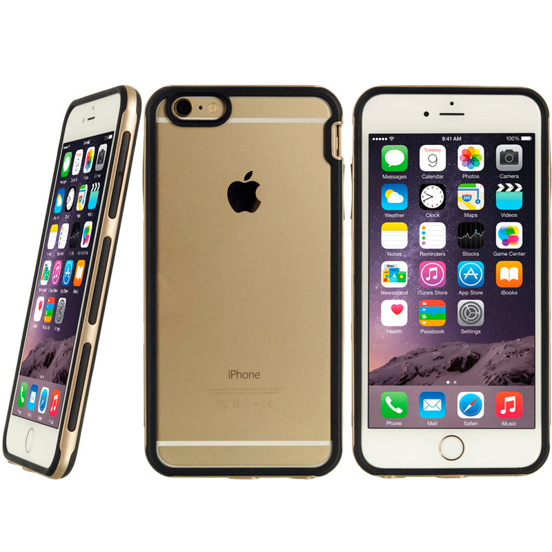 FOR IPHONE 6 PLUS/6S PLUS HYBRID CASE BLACK TPU EMBED CLEAR PC WITH BUMPER FRAME - GOLD