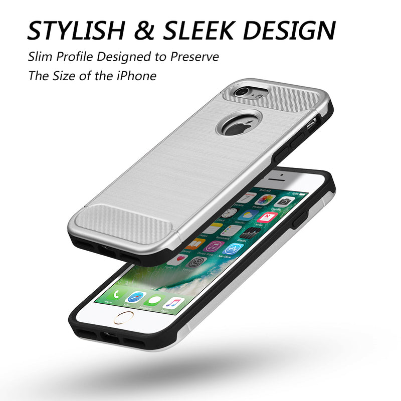 FOR IPHONE 7 CARBON TECH SILK HYBRID PC + TPU COVER CASE - SILVER