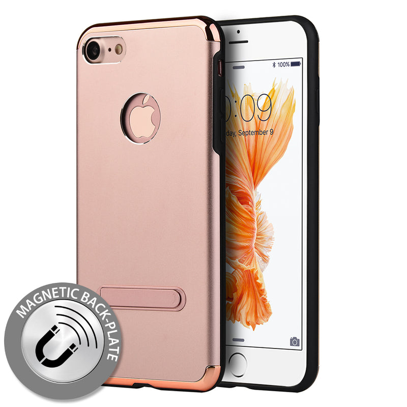 FOR IPHONE SE (2020) / 8 / 7 SKYFALL ALUMINUM + TPU HYBRID CASE W/ MAGNETIC KICK STAND - ROSE GOLD