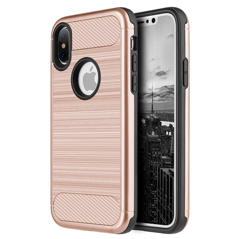 FOR IPHONE XS / X CARBON TECH SILK HYBRID PC + TPU COVER CASE - ROSE GOLD