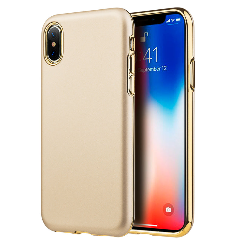 FOR IPHONE XS / X SUBLIME DUAL HYBRID CASE W/ GOLD RUBBERIZED PC BACK PLATE + GOLD ELECTROPLATED TPU