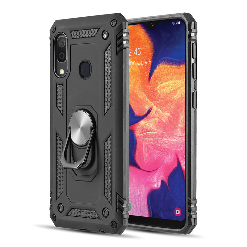 FOR SAMSUNG GALAXY A20 / A30 / A50 RUBBERIZED HYBRID PROTECTIVE CASE W/ SHOCK ABSORPTION & BUILT-IN ROTATABLE RING STAND -BLACK