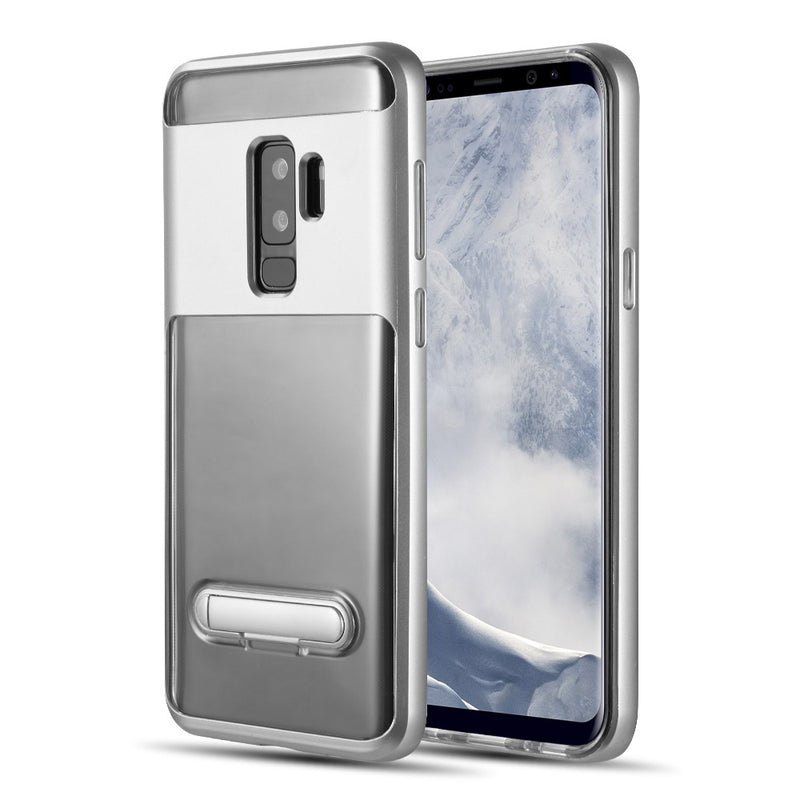 SAMSUNG GALAXY S9 PLUS SHOCK PROOF HYBRID TRANSPARANT TPU + PC FRAME WITH KICK STAND - SILVER