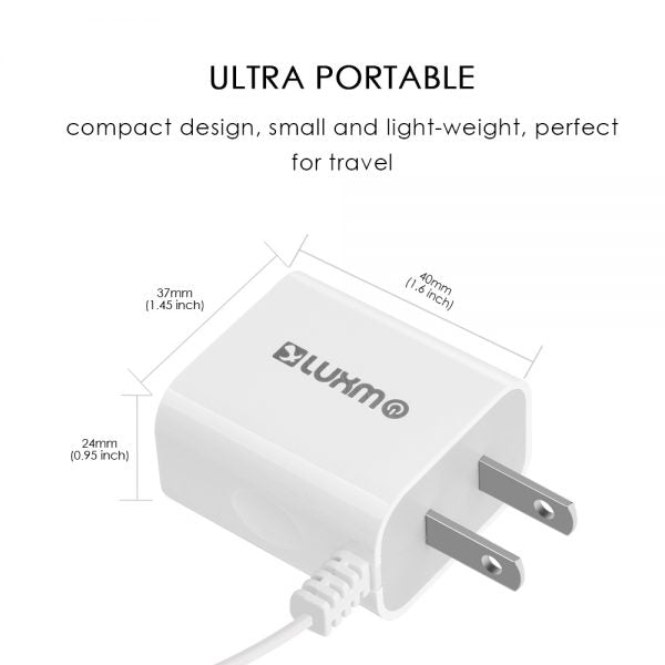 LUXMO UNIVERSAL 2.1A TRAVELING CHARGER CABLE & EXTRA USB CHARGING PORT WHITE