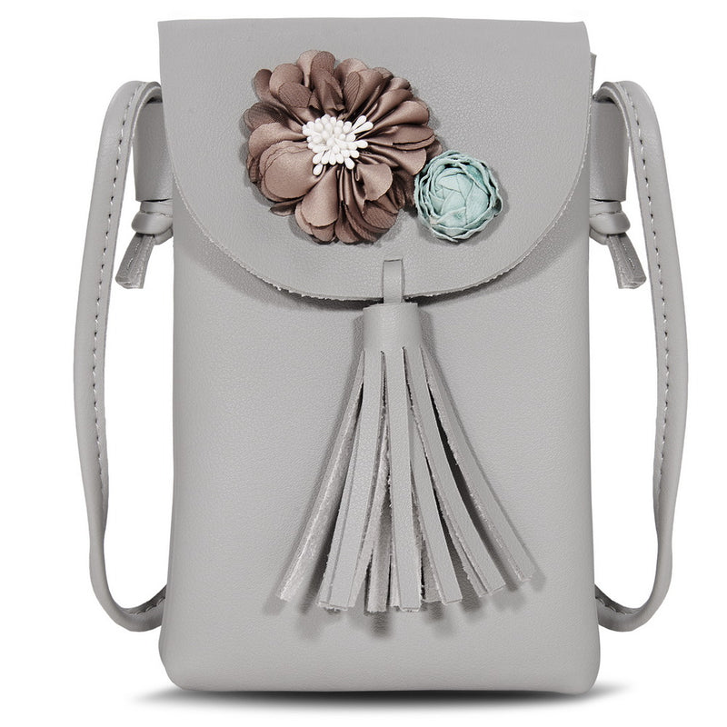 UNIVERSAL FASHIONABLY CHIC LEATHER WITH SOFT LINING CROSSBODYBAG WITH 3D FLOWER DECOR, TWO LARGE COMPARTMENTS AND SHOULDER STRAP - LIGHT GREY