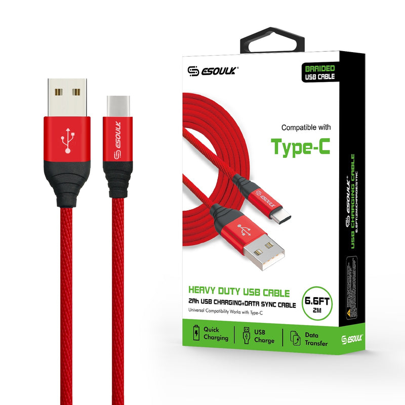ESOULK EC40P 2A HEAVY DUTY BRAIDED USB CABLE 2M (6.6FT) - USB TYPE-C (RED)