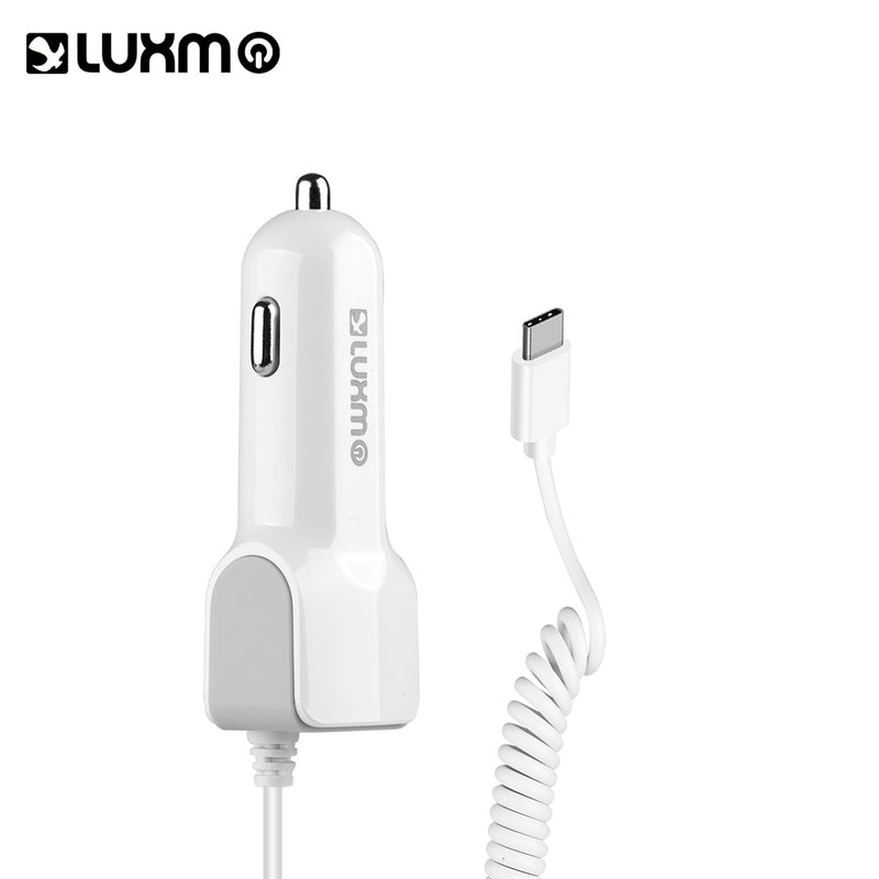 UNIVERSAL 2.1A TYPE C CAR CHARGER W/ ATTACHED CABLE & 1 EXTRA USB CHARGING PORT